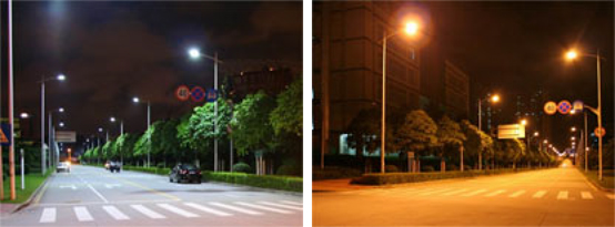 LED street lighting providing a more natural white light than conventional high-pressure LED street lighting and high-pressure sodium lights